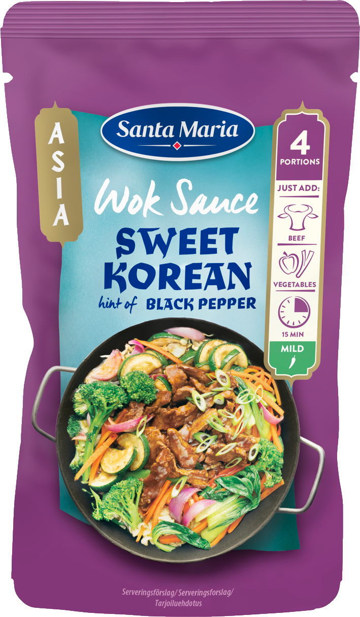 En pose med søt koreansk wok-saus med smak av sort pepper