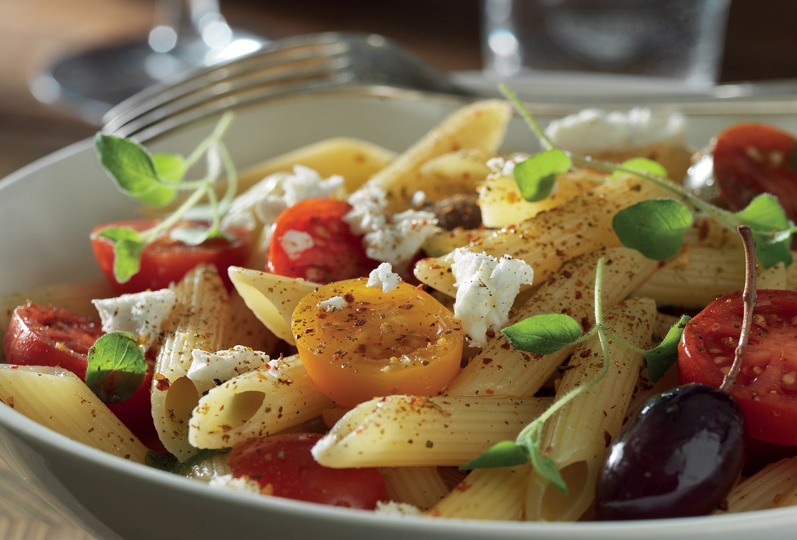 Kreekapärane pasta feta juustu, oliivide ja värske oreganoga