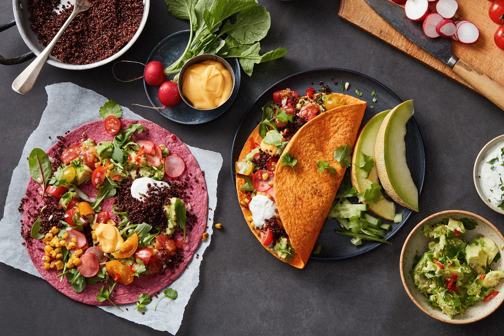 Quinoa-Taco-Hackfleisch in Rote-Beete-Tortilla