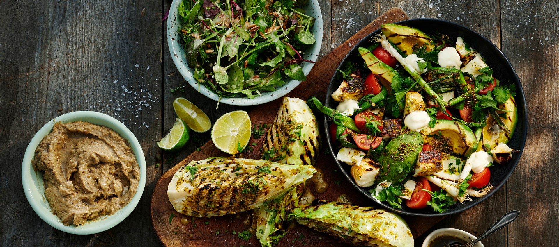 Baba Ganoush, grilled asian cabbage, garden salad & grilled halloumi salad