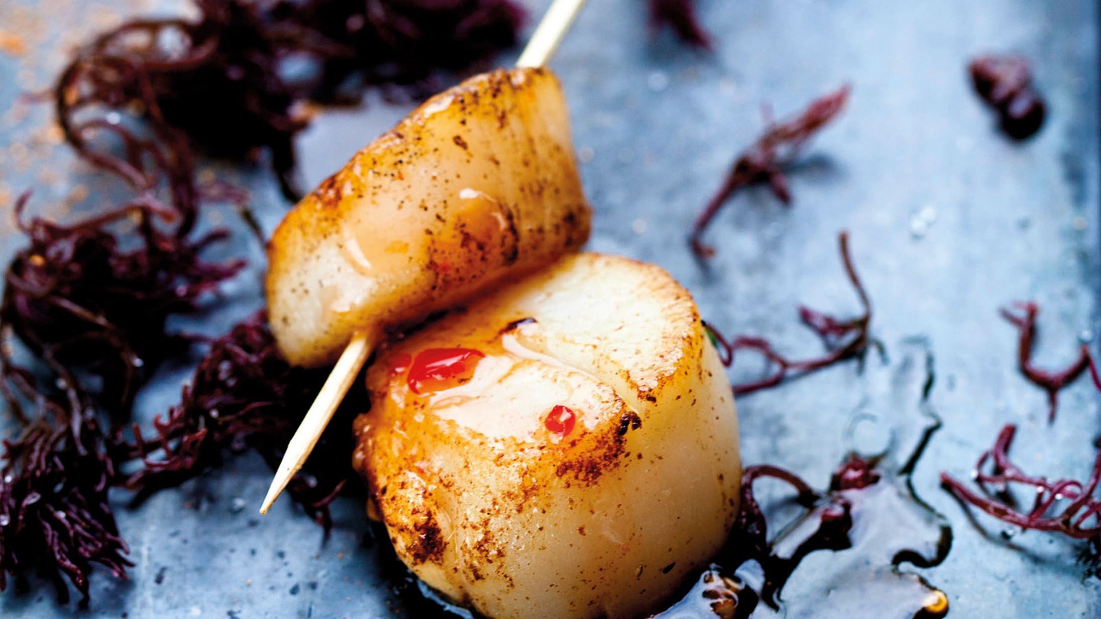 Kampasimpukat levän, orange pepperin ja Sweet Chili Sauce -kastikkeen kera