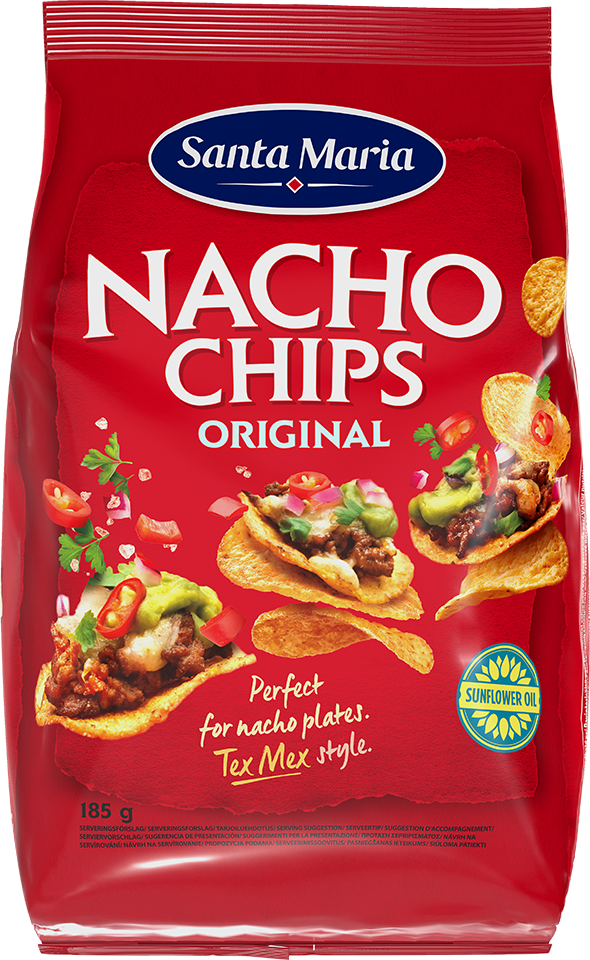 Förpackning med Nacho Chips bakade på majsmjöl