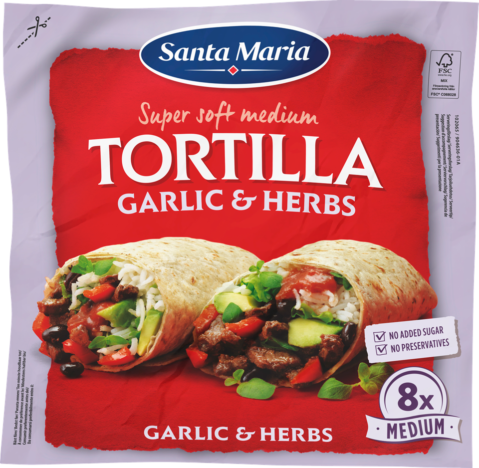 Förpackning med åtta tortillas med smak av vitlök och örter