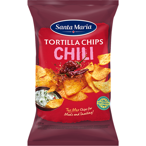 En stor påse tortilla chips med chilismak.