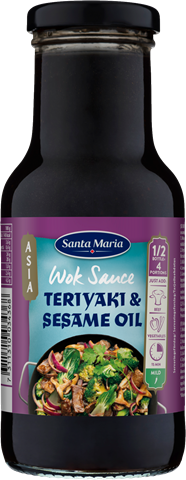 En flaska med mörk woksås med kraftfulla smaker av från teriyakisås och sesamolja.