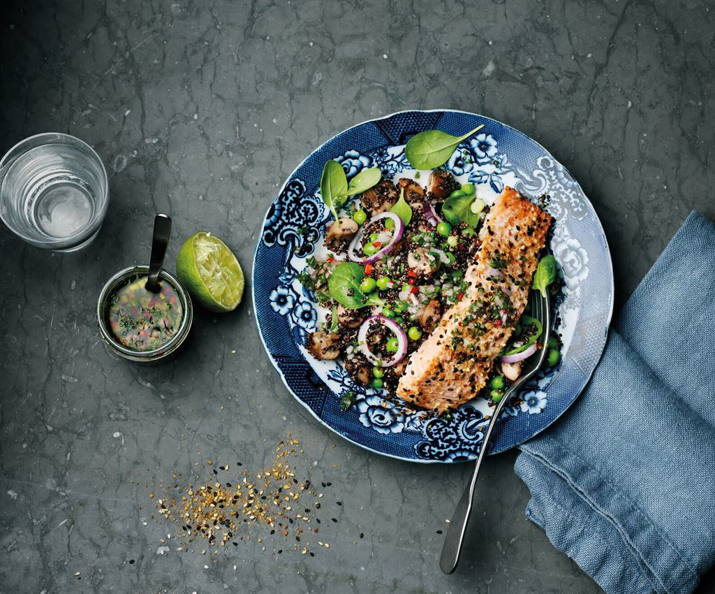 Salmon and quinoasalad on a plate