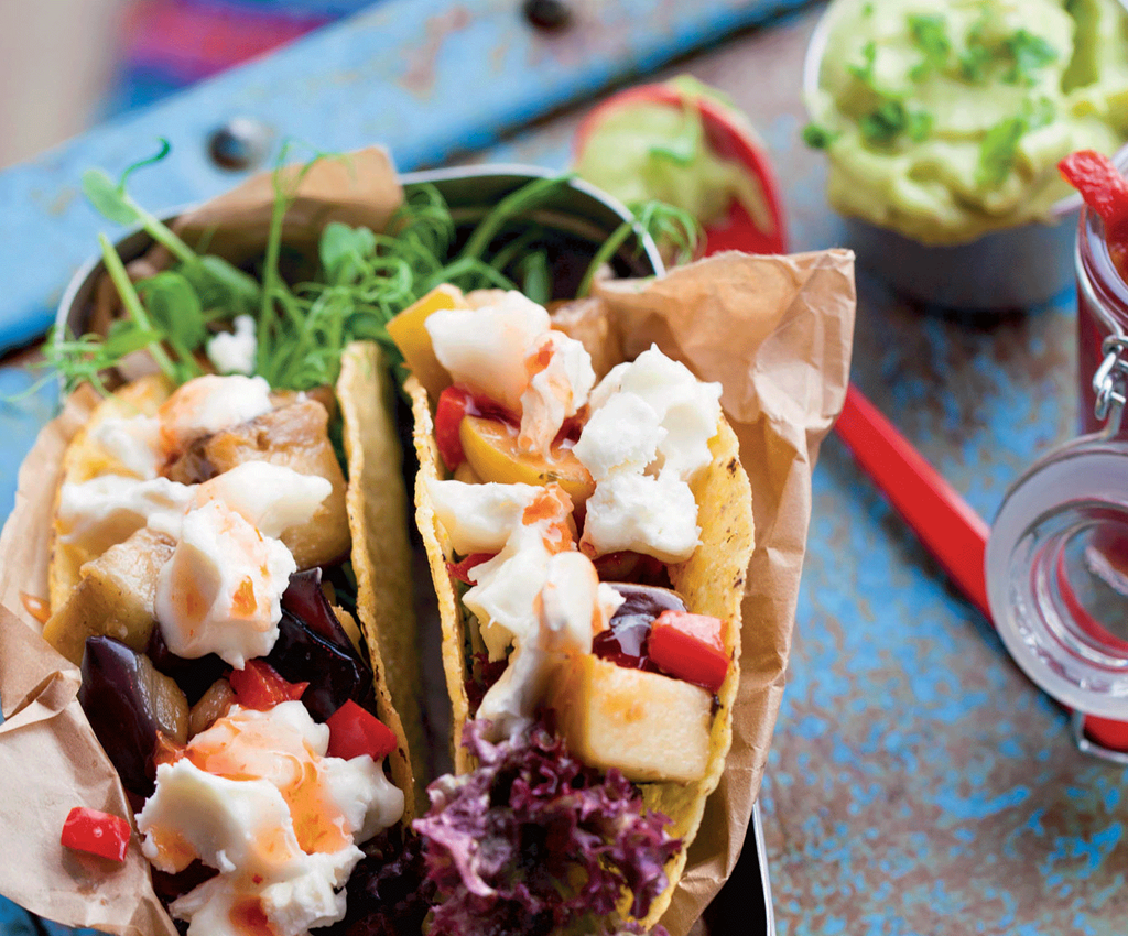 Vegetarisk taco med aubergine og gedeost