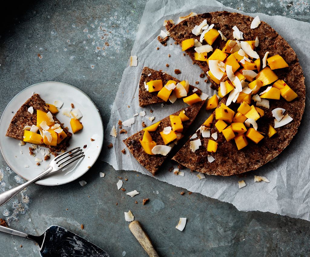 Rawfood Brownie with Mango & Coconut Flakes