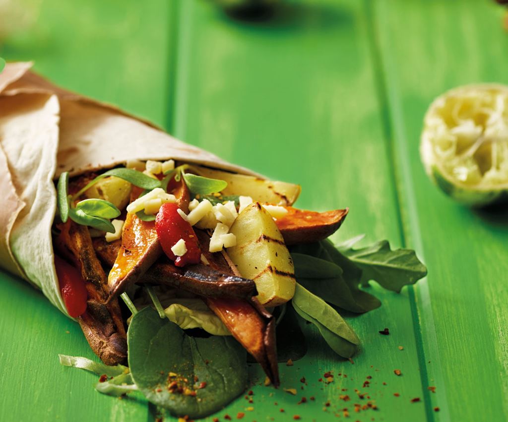 Saag aloo sweet potato wrap